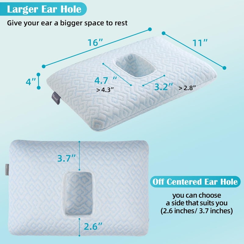 USlixury Piercing Pillow - Ear Piercing Pillow with Foam Plug  4''H Ear Pillow with 4.7*3.2 and Off Center Ear Hole  Soft CertiPUR-US Memory Foam Piercing Pillow for Side Sleepers  Cooling Ear Pillow - Image 3